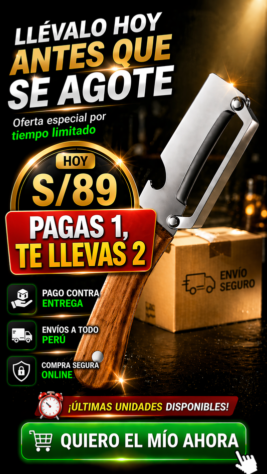 Pelador de frutas y verduras 2 en 1 con abridor de botellas. Acero inoxidable afilado. Mango de madera. Diseño ergonómico antideslizante para un agarre cómodo.