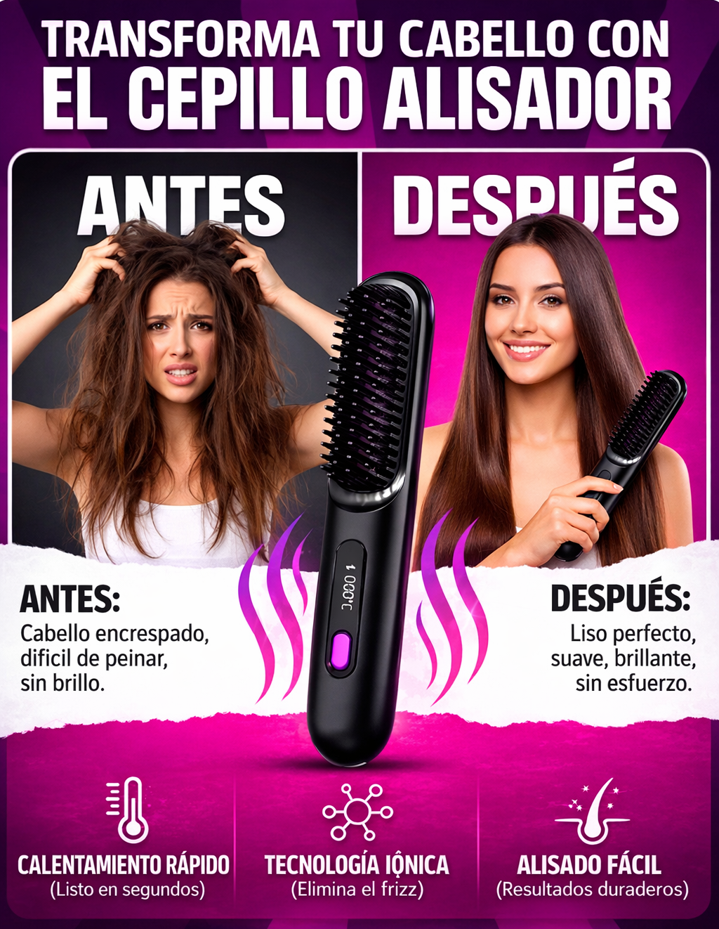 Cepillo Alisador Portátil - Cabello liso en minutos